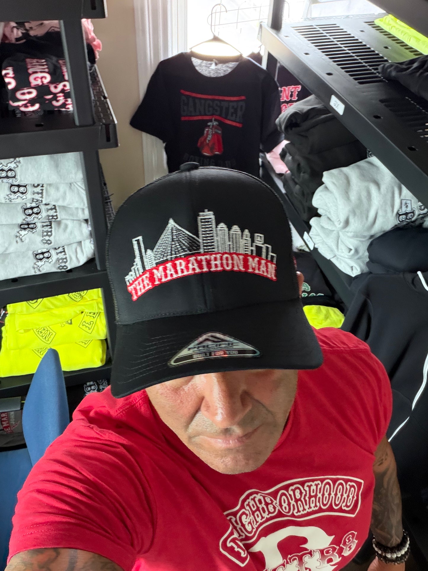 ALL BLACK BALL CAP. OG Marathon Man w/ Boston Skyline