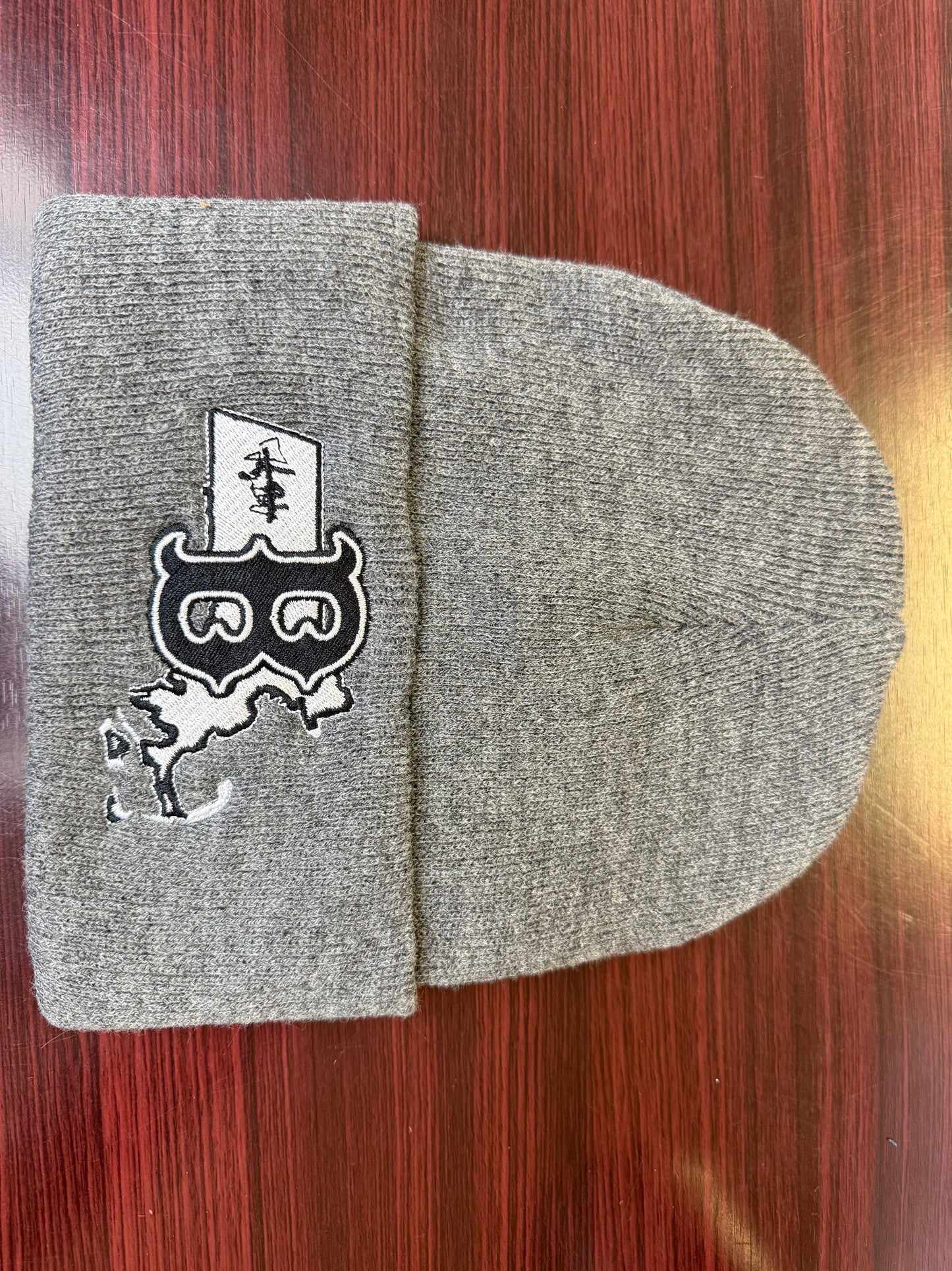 Gray folded rim winter hat with logo